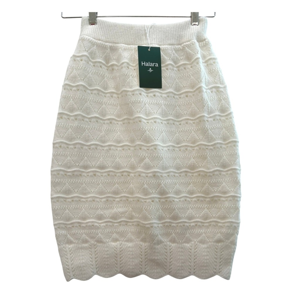 Halara Ivory Pointelle Knit Pencil Skirt High‎ Waisted Scalloped Hem NEW